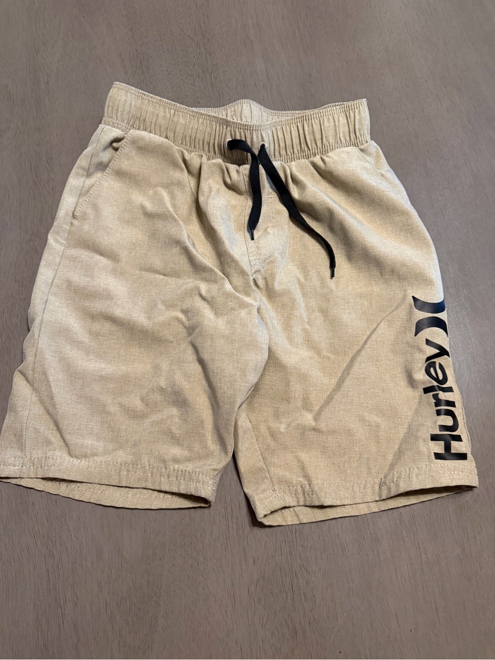 Boy’s NWOT Hurley Khaki Elastic-Waist Athletic Shorts with Black Drawstring